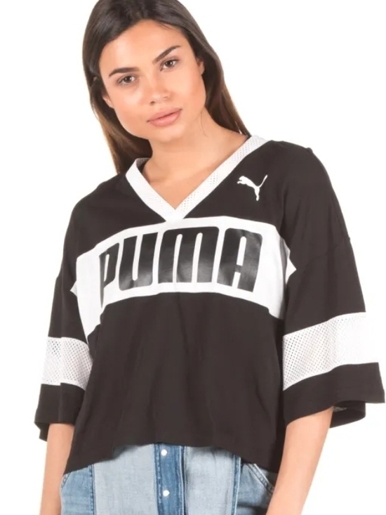 Puma Tops - Y2K Puma Cropped Jersey Tee Black White Sporty Streetwear Oversized Boxy Top